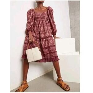 Ulla Johnson Aina Midi Dress Amaranthus Floral Square Neck Puff Sleeve Bohemian